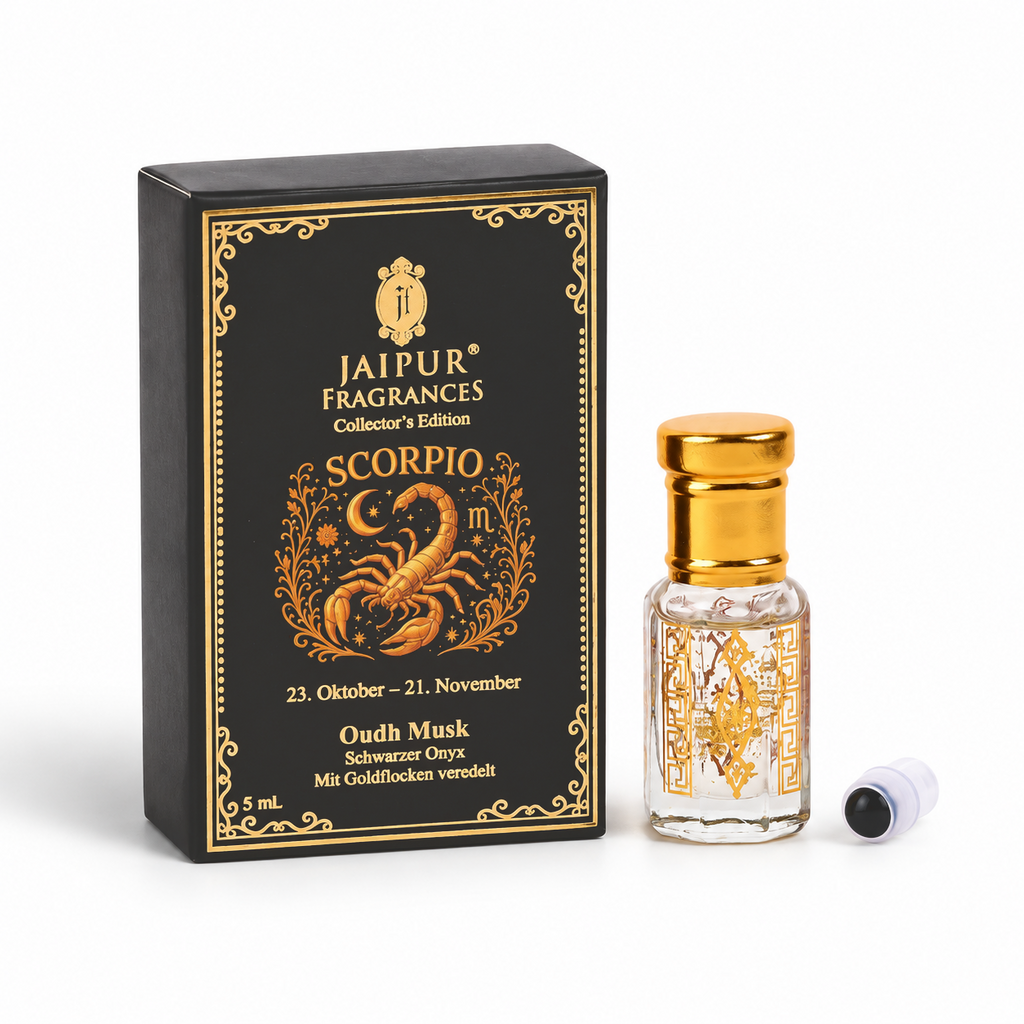 JAIPUR FRAGRANCES Parfümöl Skorpion (Scorpio) - Oudh Musk, mit Goldflocken und schwarzem Onyx, 5 ml