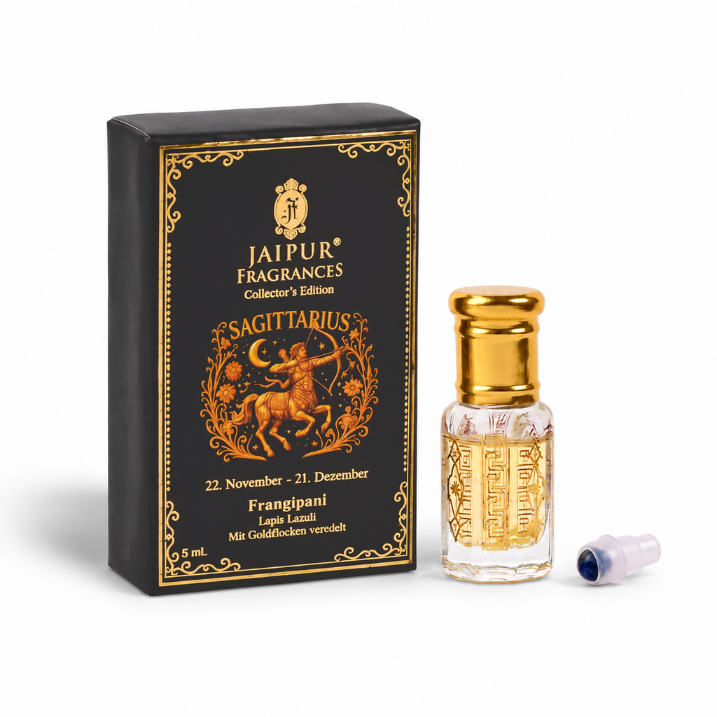 JAIPUR FRAGRANCES Parfümöl Schütze (Sagittarius) - Frangipani, mit Goldflocken und Lapislazuli, 5 ml