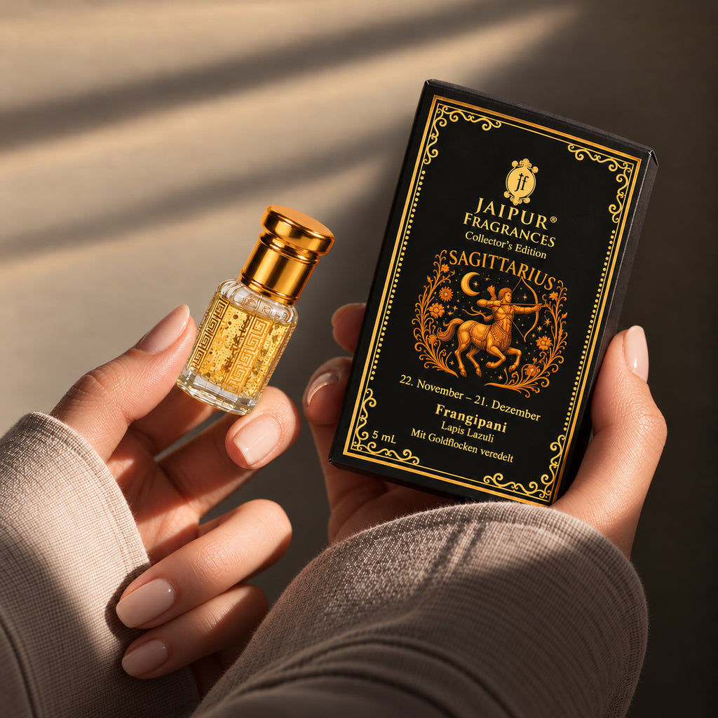 JAIPUR FRAGRANCES Parfümöl Schütze (Sagittarius) - Frangipani, mit Goldflocken und Lapislazuli, 5 ml