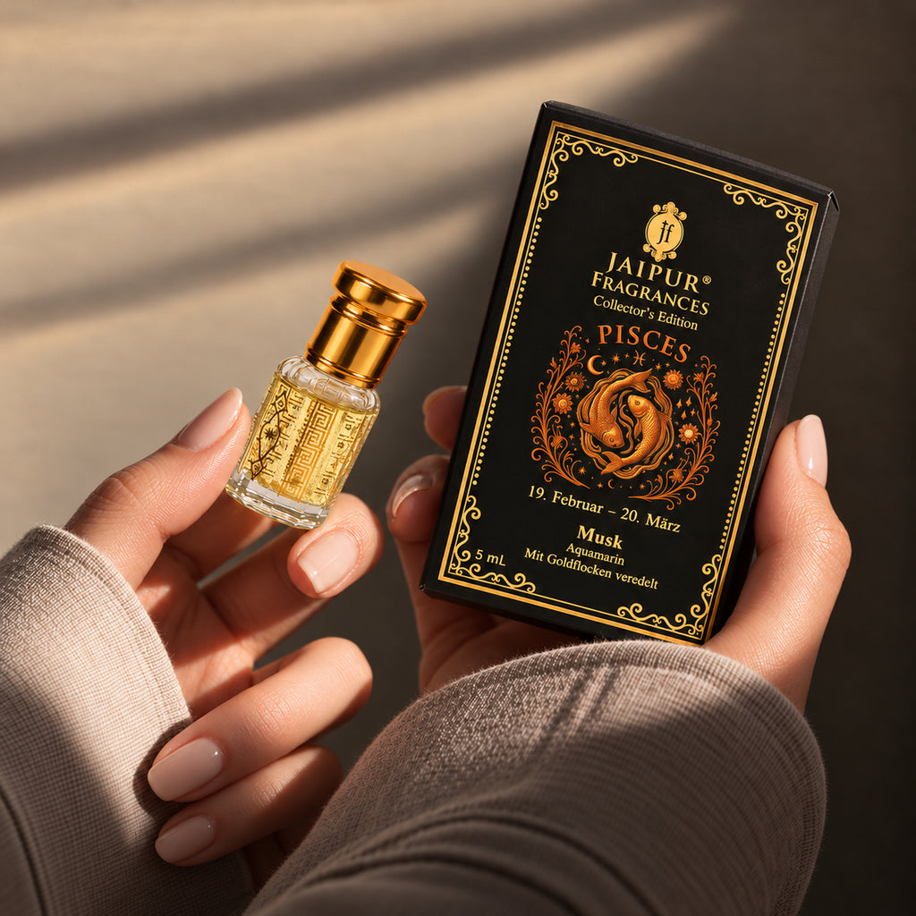 JAIPUR FRAGRANCES Parfümöl Fische (Pisces) - Musk, mit Goldflocken und Aquamarin, 5 ml