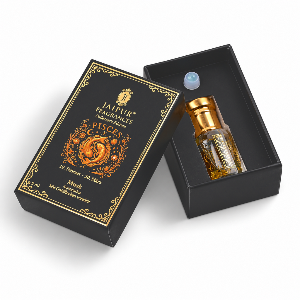 JAIPUR FRAGRANCES Parfümöl Fische (Pisces) - Musk, mit Goldflocken und Aquamarin, 5 ml