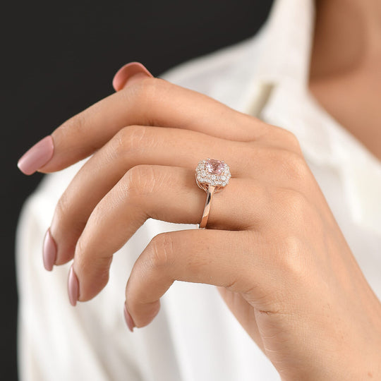 D'Joy AA Rosa Morganit, Moissanit AGI zertifiziert Ring 925 Silber 750 Roségold vermeil (Größe 18.00) ca. 1,32 ct