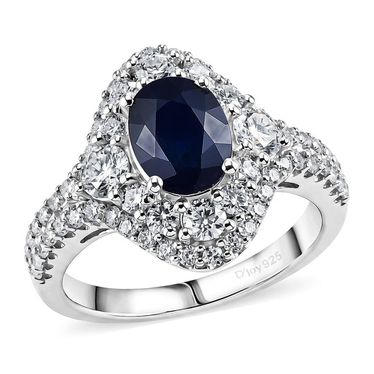 D'Joy AA Kanchanaburi Blauer Saphir, Moissanit Ring 925 Silber Rhodiniert (Größe 18.00) ca. 2,34 ct