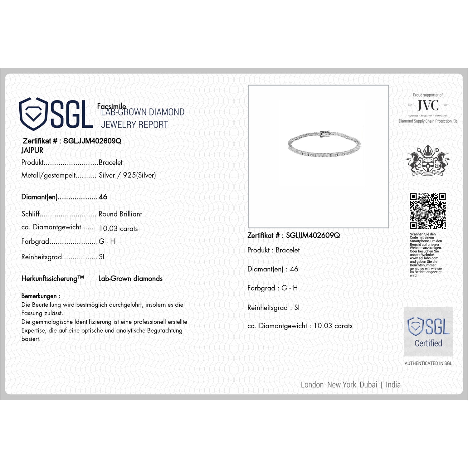 LUXURIANT DIAMOND - Lab Grown Diamant SI-GH SGL zertifiziert Armband ca. 19 cm 925 Silber 750 Gelbgold vermeil ca. 10.03 ct