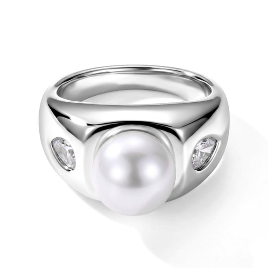 Weiße Muschelkernperle (10-10.5 mm), Weißer Zirkonia Ring Nickelfreies Messing Rhodiniert (Größe 20.00)