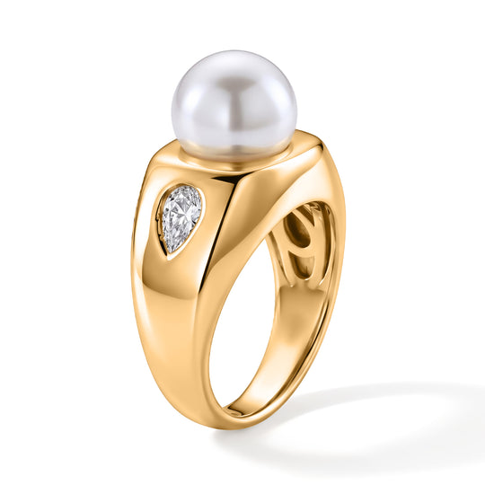 Weiße Muschelkernperle (10-10.5 mm), Weißer Zirkonia Ring Nickelfreies Messing Vergoldet (Größe 19.00)
