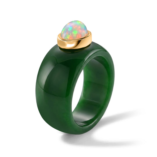 D'Joy Gefärbte grüne Jade, Natürlicher, äthiopischer Welo Opal Ring 925 Silber Vergoldet (Größe 19.00) ca. 29,10 ct