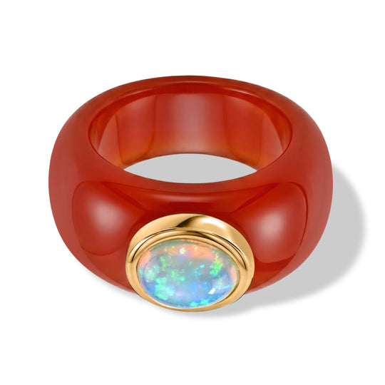 D'Joy Gefärbte rote Jade, Natürlicher, äthiopischer Welo Opal Ring 925 Silber Vergoldet (Größe 21.00) ca. 30,09 ct