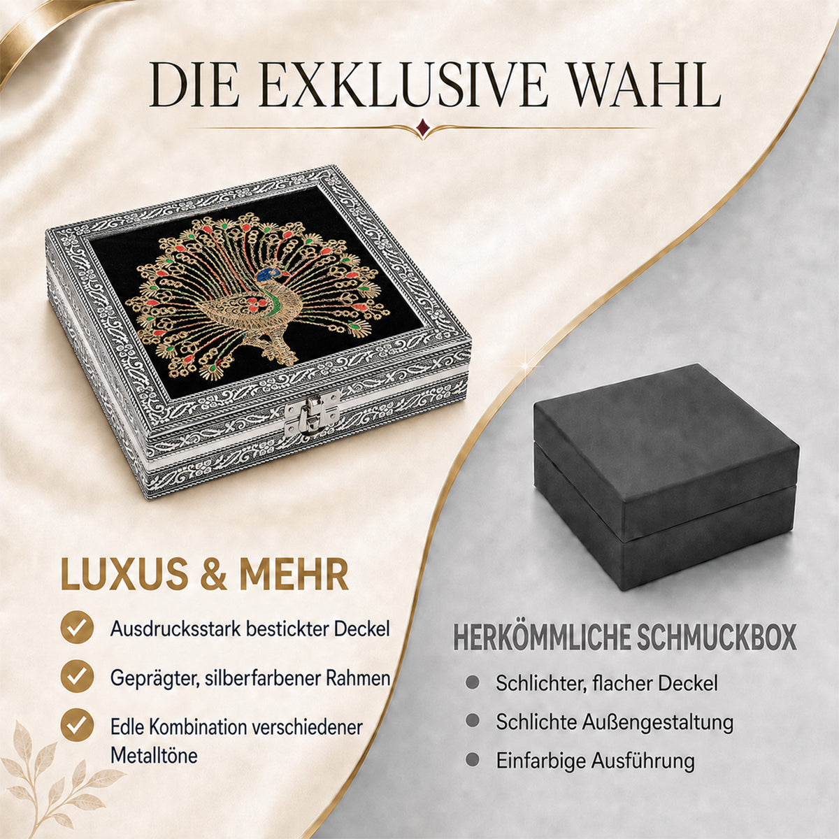 LIVMORE Schmuckbox mit Pfauenprägung, Edle Aufbewahrung, 20 x 20 x 5 cm