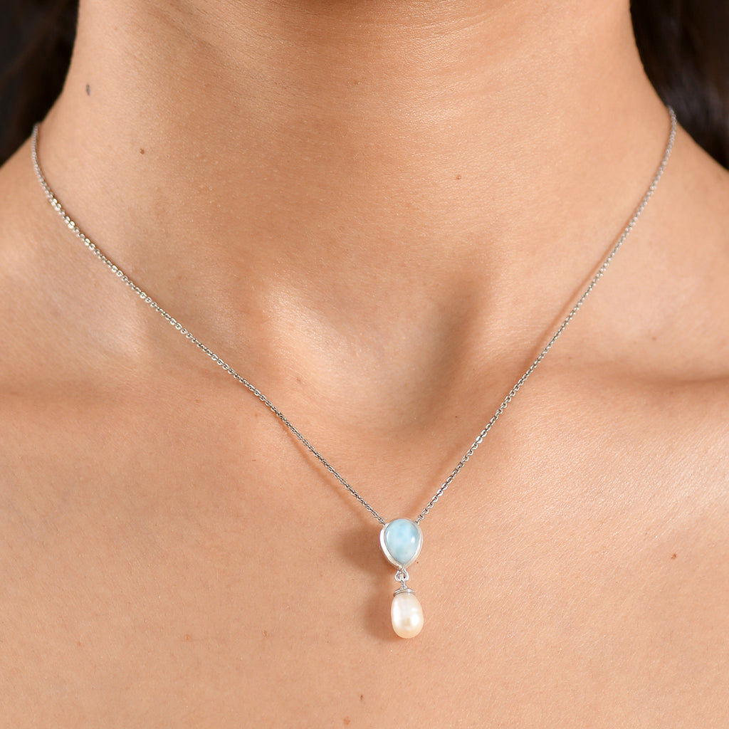 D'Joy Süßwasser Perle (8x6 mm), Larimar Anhänger 925 Silber Platiniert