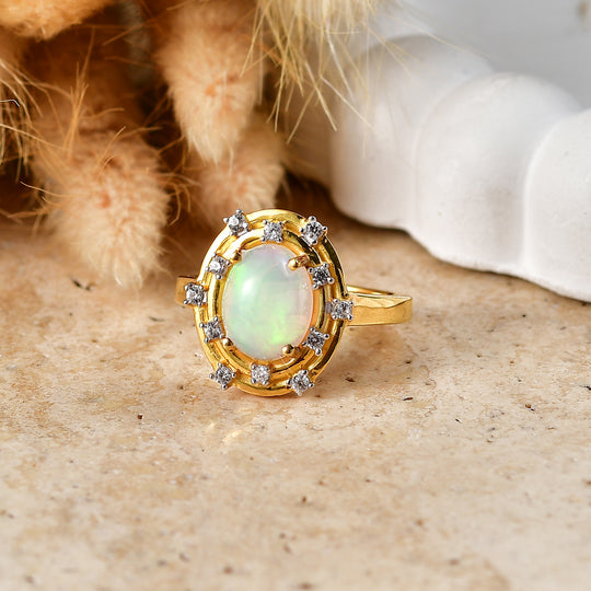 D'Joy AA Natürlicher, äthiopischer Welo Opal, Weißer Zirkon Ring 925 Silber 750 Gelbgold vermeil (Größe 20.00) ca. 1,95 ct