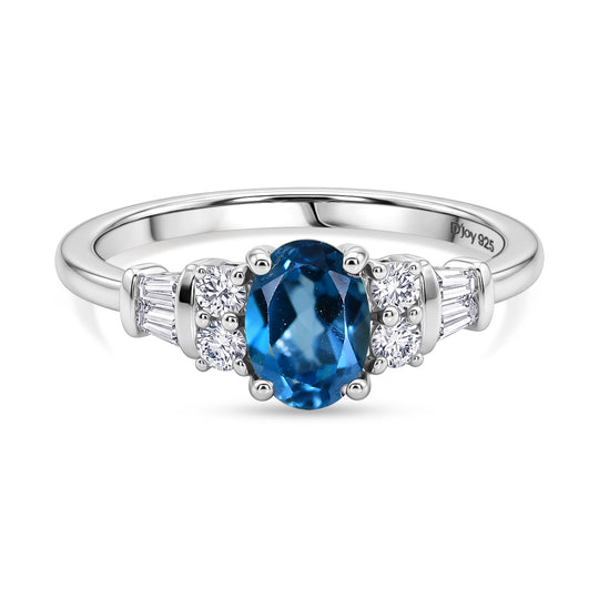 D'Joy London Blau Topas, Moissanit Ring 925 Silber Rhodiniert (Größe 19.00) ca. 1.19 ct