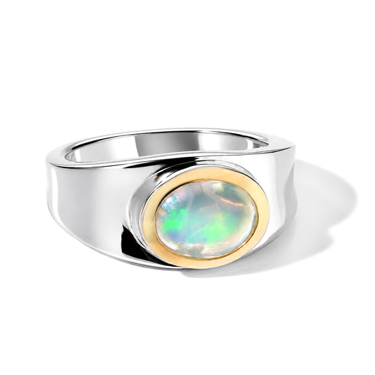 D'Joy AA Natürlicher, äthiopischer Welo Opal Ring 925 Silber Rhodiniert und 750 Gelbgold Vermeil (Größe 17.00) ca. 1,20 ct