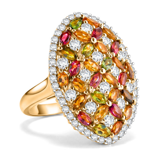 D'Joy AA Mehrfarbiger-Turmalin, Weißer Zirkon Ring 925 Silber 750 Gelbgold vermeil (Größe 19.00) ca. 4.27 ct