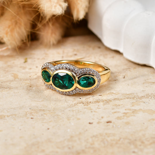 LUXURIANT AAA Labor Smaragd und Zirkon Ring, 925 Silber 750 Gelbgold Vermeil - 2,60 ct.