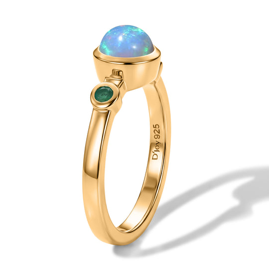 D'Joy AA Natürlicher, äthiopischer Welo Opal, Socoto Smaragd Ring 925 Silber 750 Gelbgold vermeil (Größe 17.00) ca. 0,64 ct
