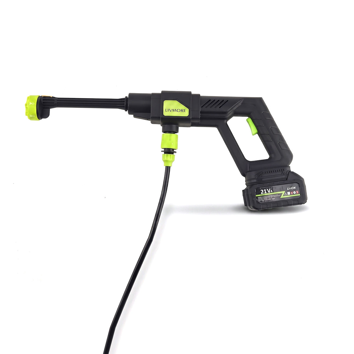LIVMORE tragbarer Akku-Druckreiniger mit 6-in-1-Düse, 300W, bis 30bar, Schwarz