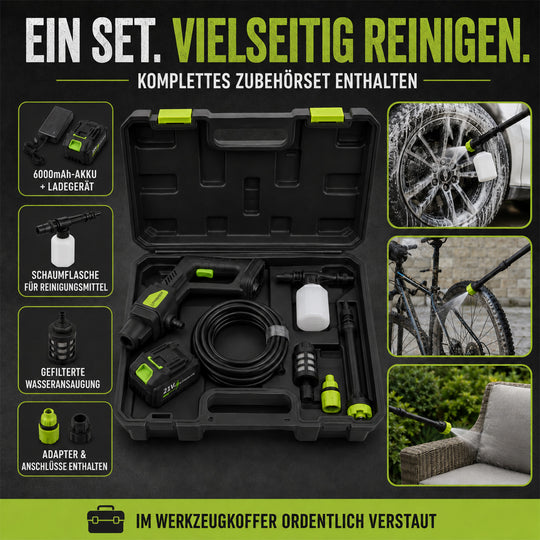 LIVMORE tragbarer Akku-Druckreiniger mit 6-in-1-Düse, 300W, bis 30bar, Schwarz