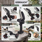 Lithium Electric Chain Saw Accessories: Gloves *1, goggles *1, lubricating oil *1, guide plate *1, chains * 2,aa batteries *2, toolbox *1, charger *1 Revolution:20000rpm Power:180w Voltage:21v Charging Range:2-3h/15min Single Cell:1200mAh