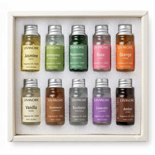 LIVMORE 10er-Set mit ätherischen Ölen (Minze, Lavendel, Eukalyptus, Zitronengras, Orange, Rose, Jasmin, Vanille, Sandelholz und Amber)