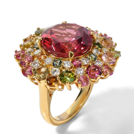 D'Joy Lab Grown Padparadscha-Saphir, Mehrfarbig-Turmalin Ring 925 Silber 750 Gelbgold vermeil (Größe 18.00) ca. 13,37 ct