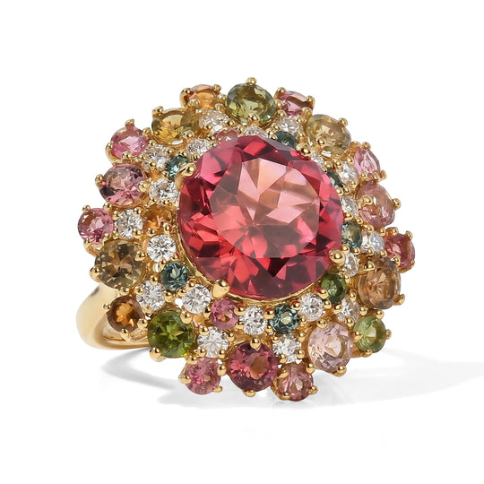 D'Joy Lab Grown Padparadscha-Saphir, Mehrfarbig-Turmalin Ring 925 Silber 750 Gelbgold vermeil (Größe 18.00) ca. 13,37 ct