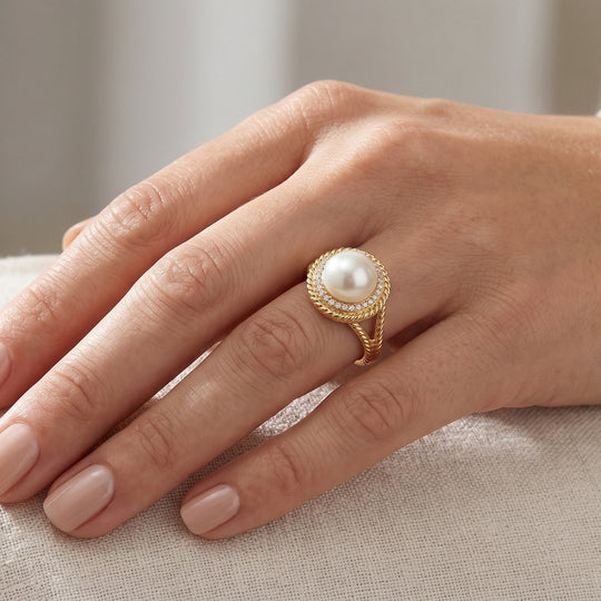 EVER TRUE Süßwasser Perle (9-9.5 mm), Weißer Zirkon Ring 950 Kupfer (Größe 19.00)