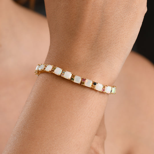 EXKLUSIVES ASSCHERSCHLIFF OPAL - D'Joy AA Natürlicher, äthiopischer Welo Opal, Blauer Turmalin Armband ca. 19 cm 925 Silber 750 Gelbgold vermeil ca. 13.34 ct