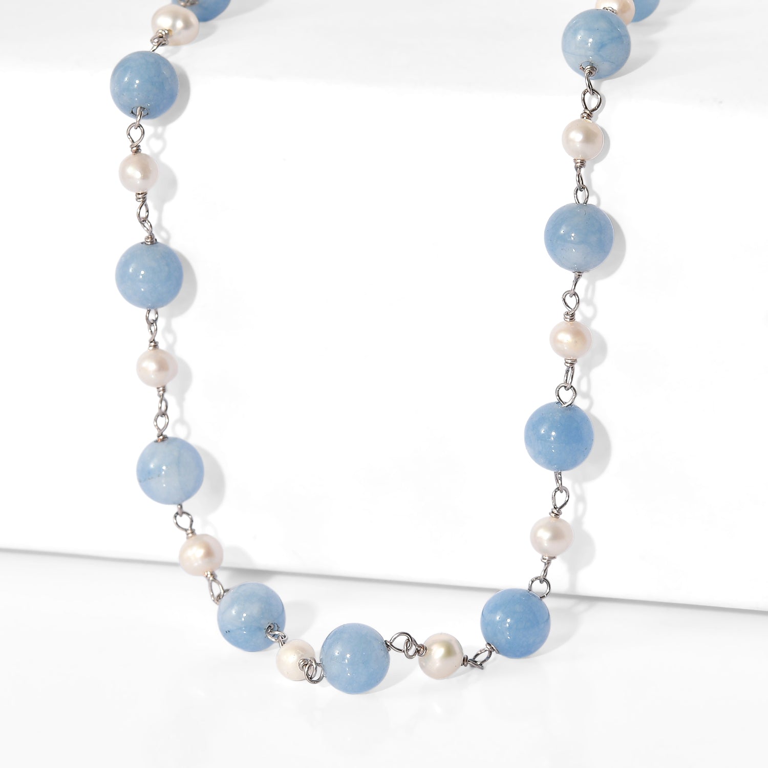 EVER TRUE Aquamarin, Süßwasser Perle Halskette ca. 50 cm Nickelfreies Messing Platiniert 85.00 ct