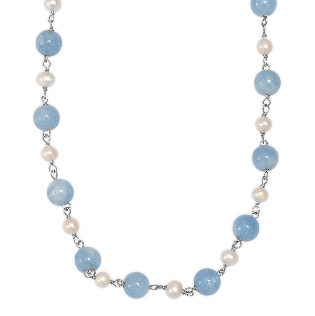 EVER TRUE Aquamarin, Süßwasser Perle Halskette ca. 50 cm Nickelfreies Messing Platiniert 85.00 ct