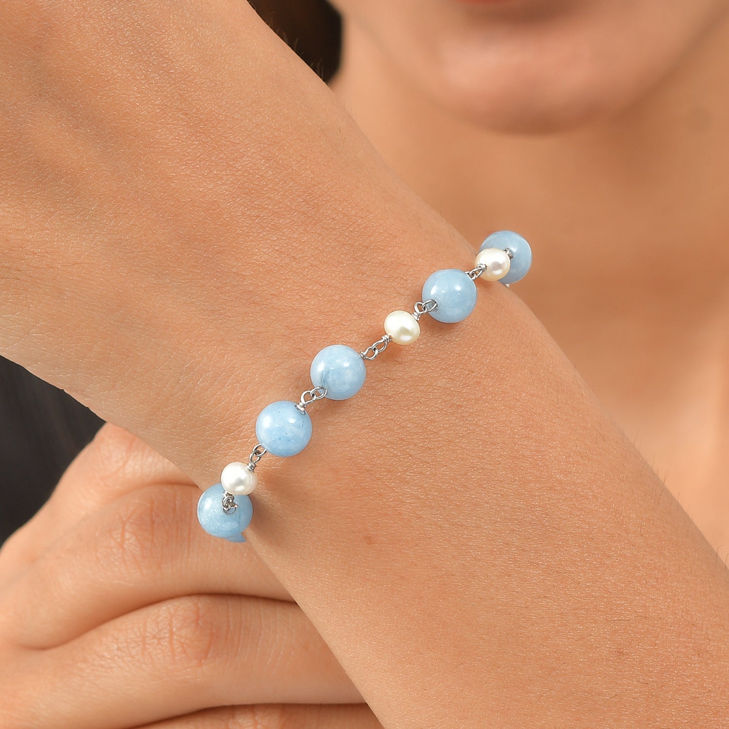 EVER TRUE Milchiger Aquamarin, Süßwasser Perle Armband ca. 19 cm 316L Edelstahl Platiniert 32.00 ct