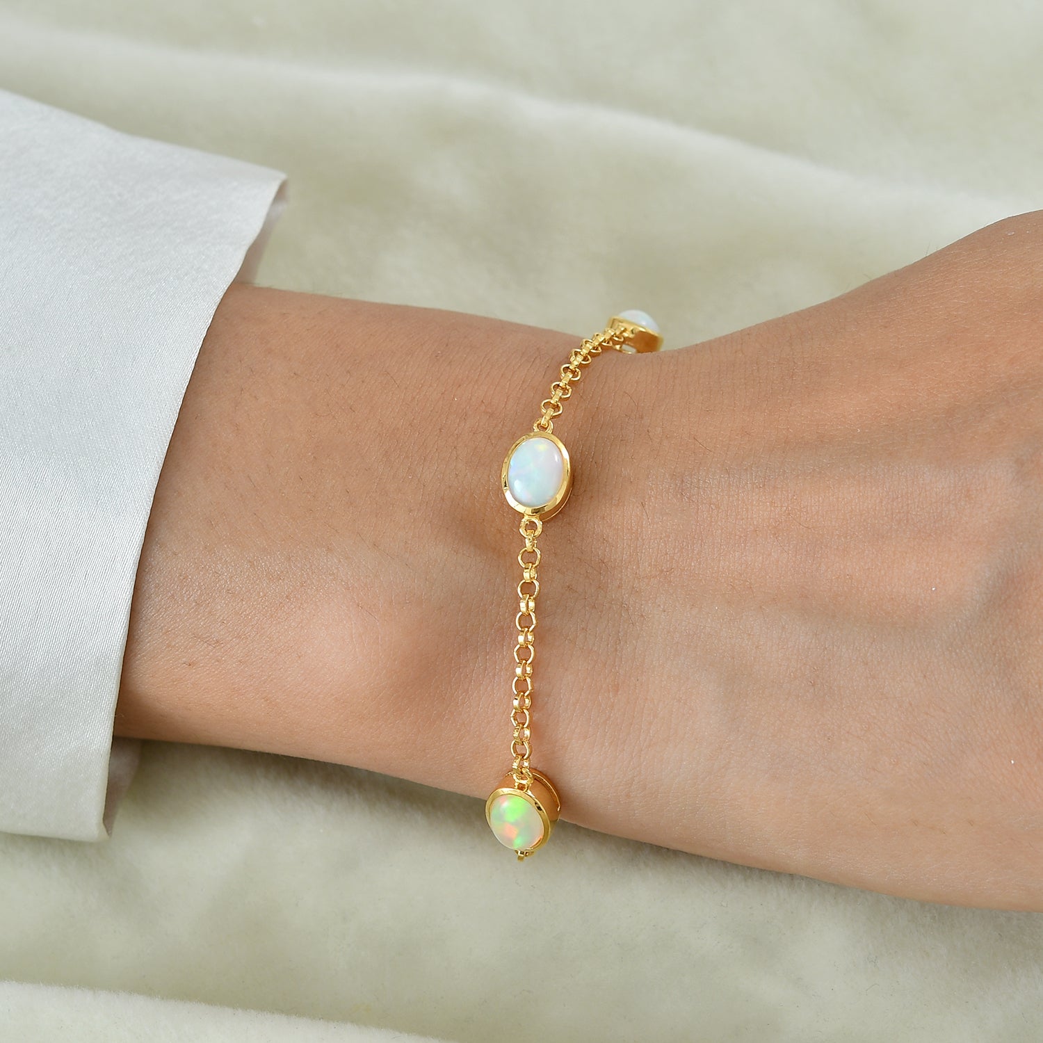 D'Joy AA natürliches, äthiopisches Welo Opal 19+2,5cm Armband, 925 Silber 750 Gelbgold Vermeil - 2,76 ct.