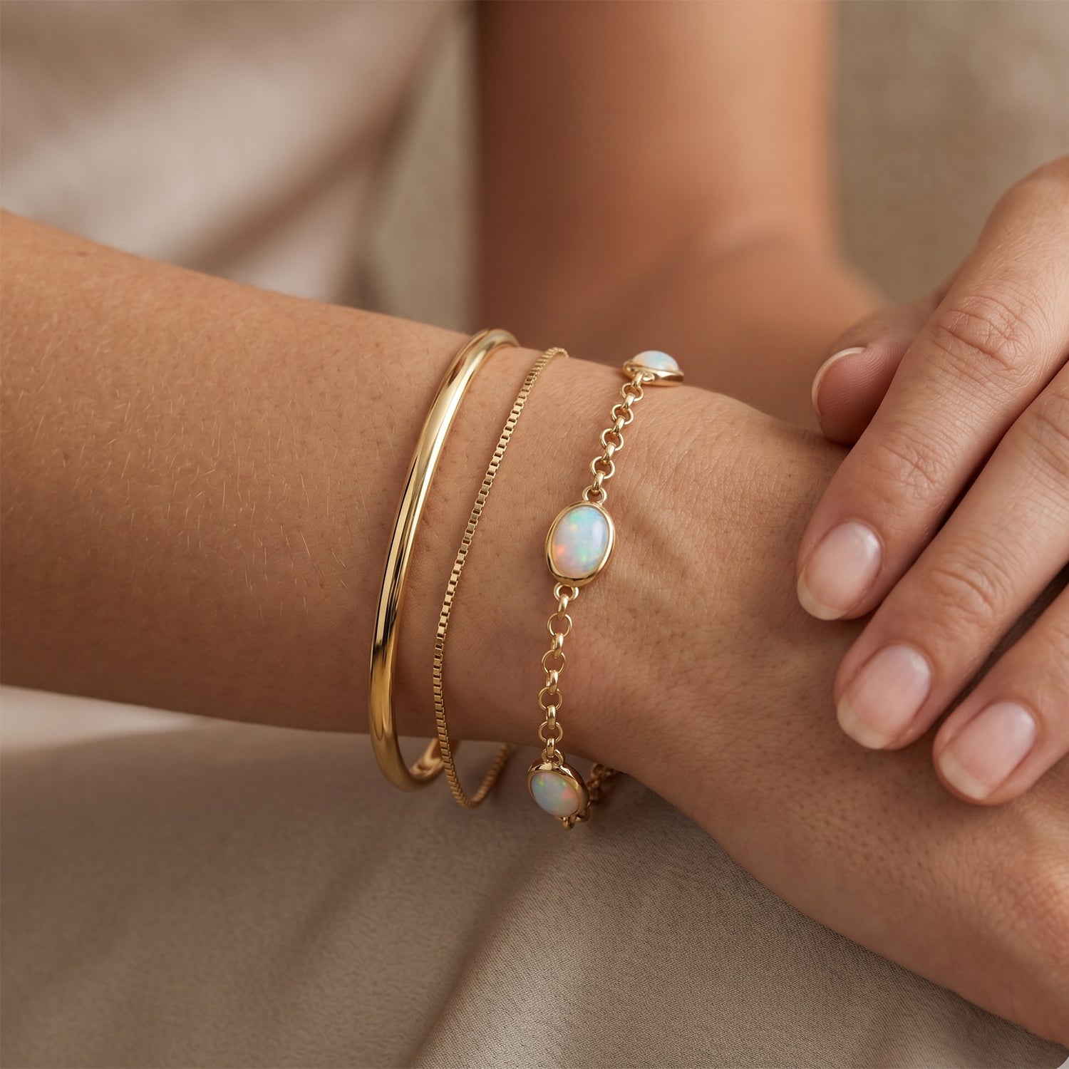 D'Joy AA natürliches, äthiopisches Welo Opal 19+2,5cm Armband, 925 Silber 750 Gelbgold Vermeil - 2,76 ct.