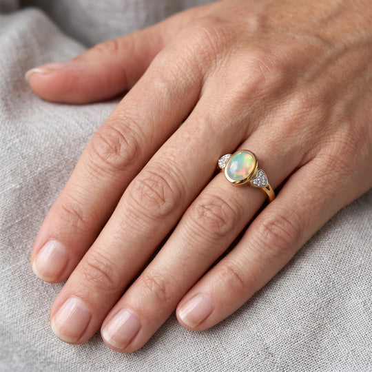 D'Joy AA Natürlicher, äthiopischer Welo Opal, Moissanit Ring 925 Silber 585 Vergoldet (Größe 17.00) ca. 1,33 ct