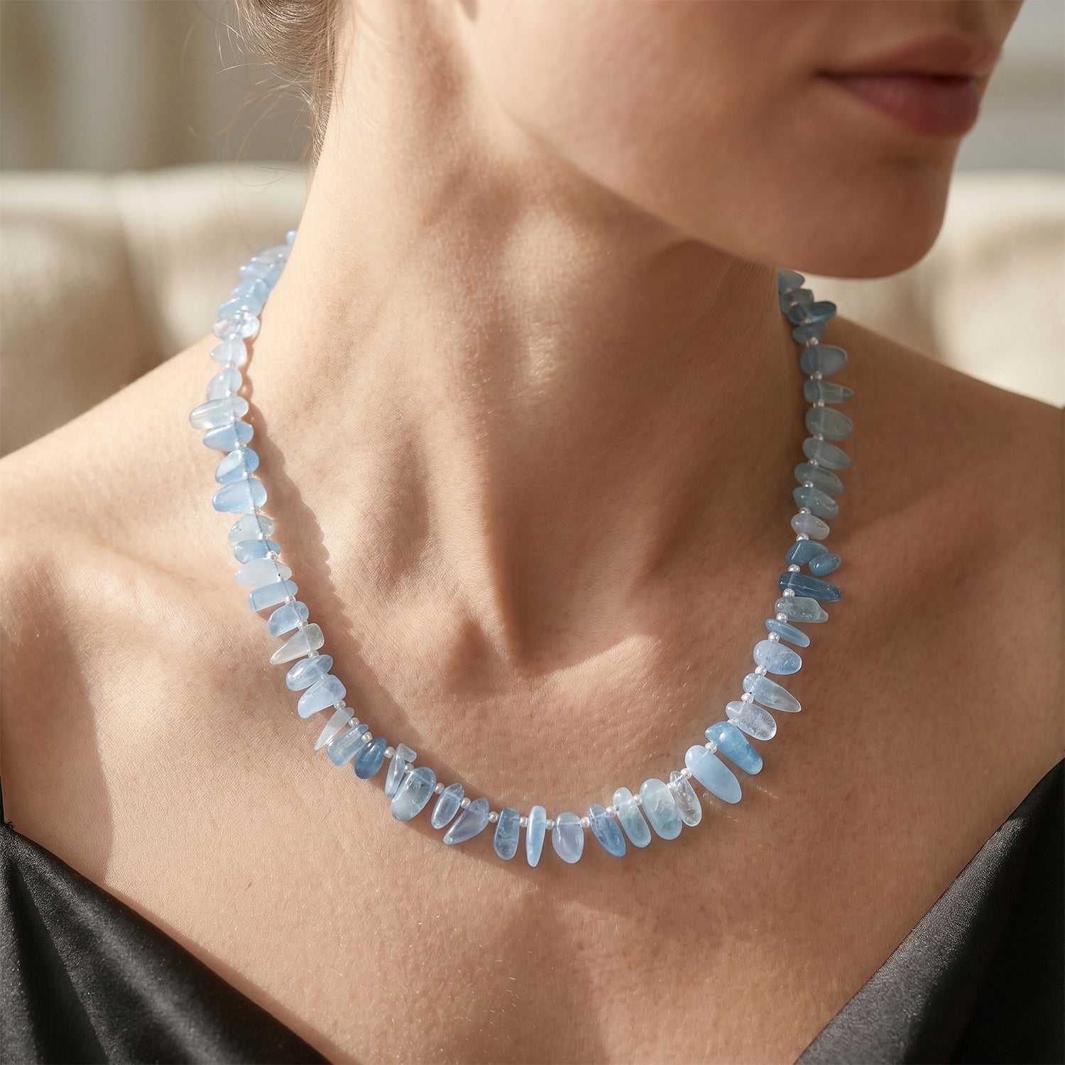 Aquamarin, Weiße Süßwasser Perle (2-3mm) Halskette ca. 45 cm 316L Edelstahl 170.00 ct