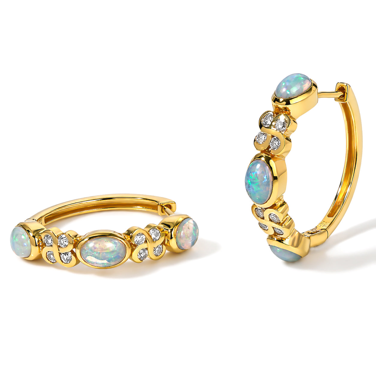 D'Joy AA Natürlicher, äthiopischer Welo Opal, Weißer Zirkon Ohrringe 925 Silber 750 Gelbgold vermeil ca. 2,75 ct.