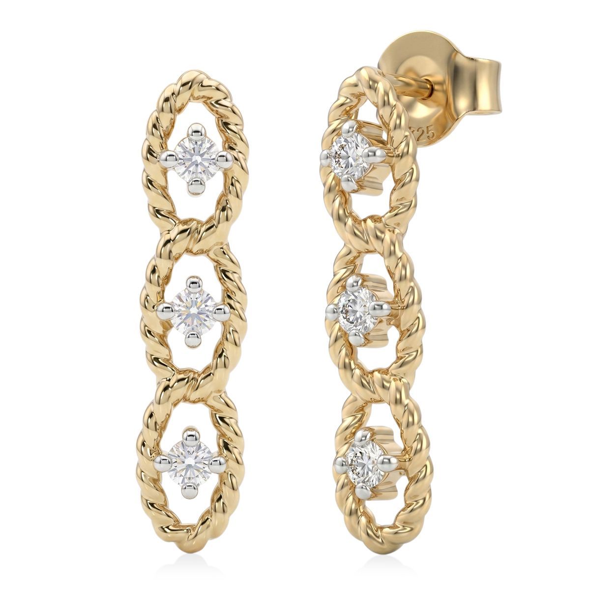 LUXURIANT SGL zertifizierte SI-GH Labor Diamant Trilogie Ohrringe, 925 Silber 750 Gelbgold Vermeil - 0,25 ct.
