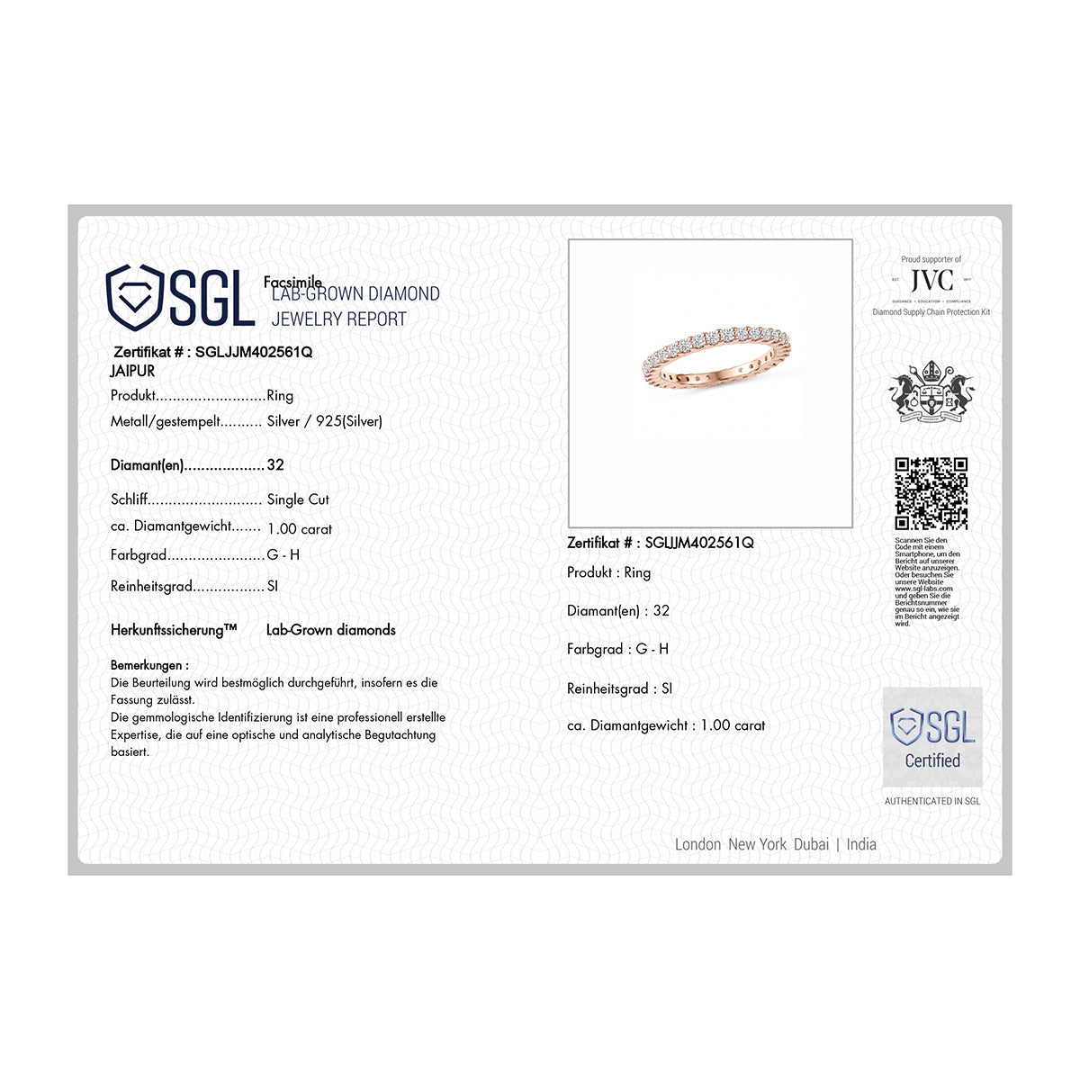 LUXURIANT DIAMOND - Lab Grown Diamant SI-GH Ring 925 Silber 750 Roségold vermeil (Größe 20.00) ca. 0,99 ct