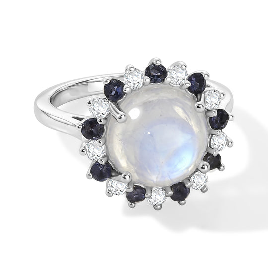 D'Joy Regenbogen Mondstein, Iolit Ring 925 Silber Rhodiniert (Größe 21.00) ca. 4,50 ct