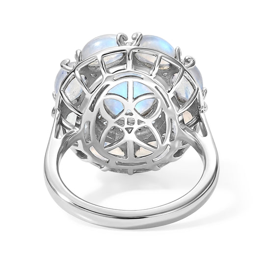 D'Joy Regenbogen Mondstein, Weißer Zirkon Ring 925 Silber Rhodiniert (Größe 18.00) ca. 10.53 ct