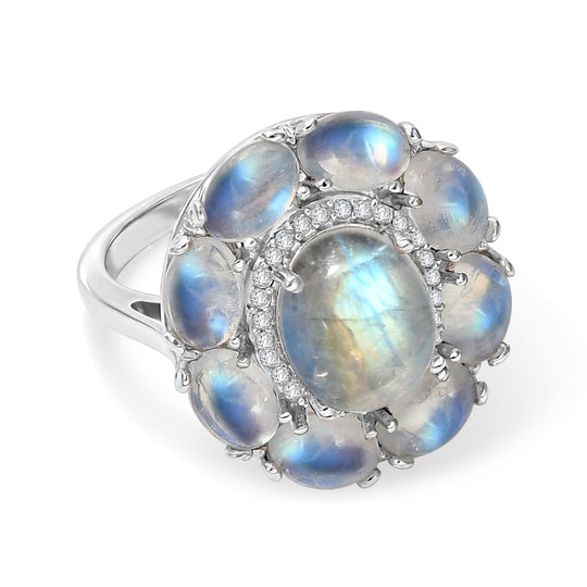 D'Joy Regenbogen Mondstein, Weißer Zirkon Ring 925 Silber Rhodiniert (Größe 18.00) ca. 10.53 ct