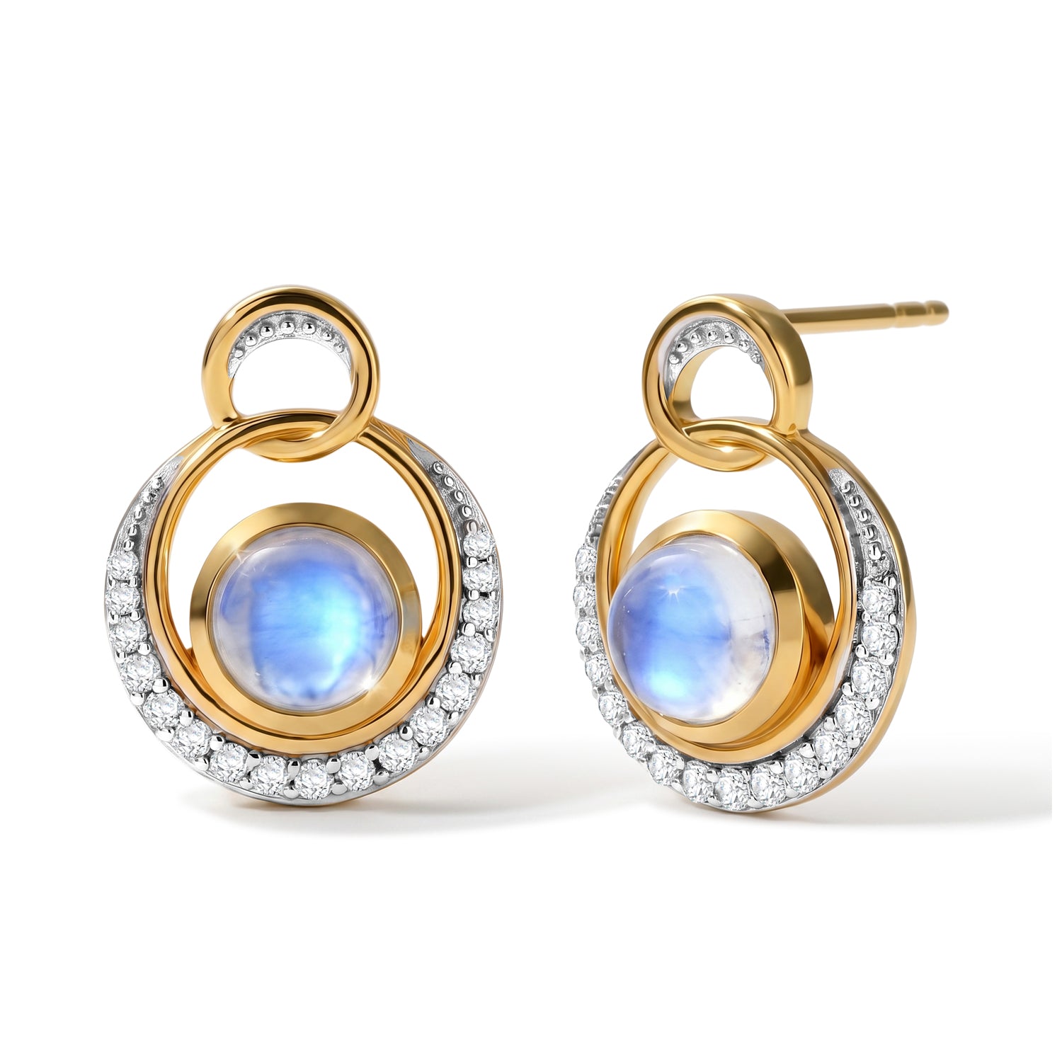 D'Joy Regenbogen Mondstein, Weißer Zirkon Ohrringe 925 Silber 585 Vergoldet ca. 2.44 ct