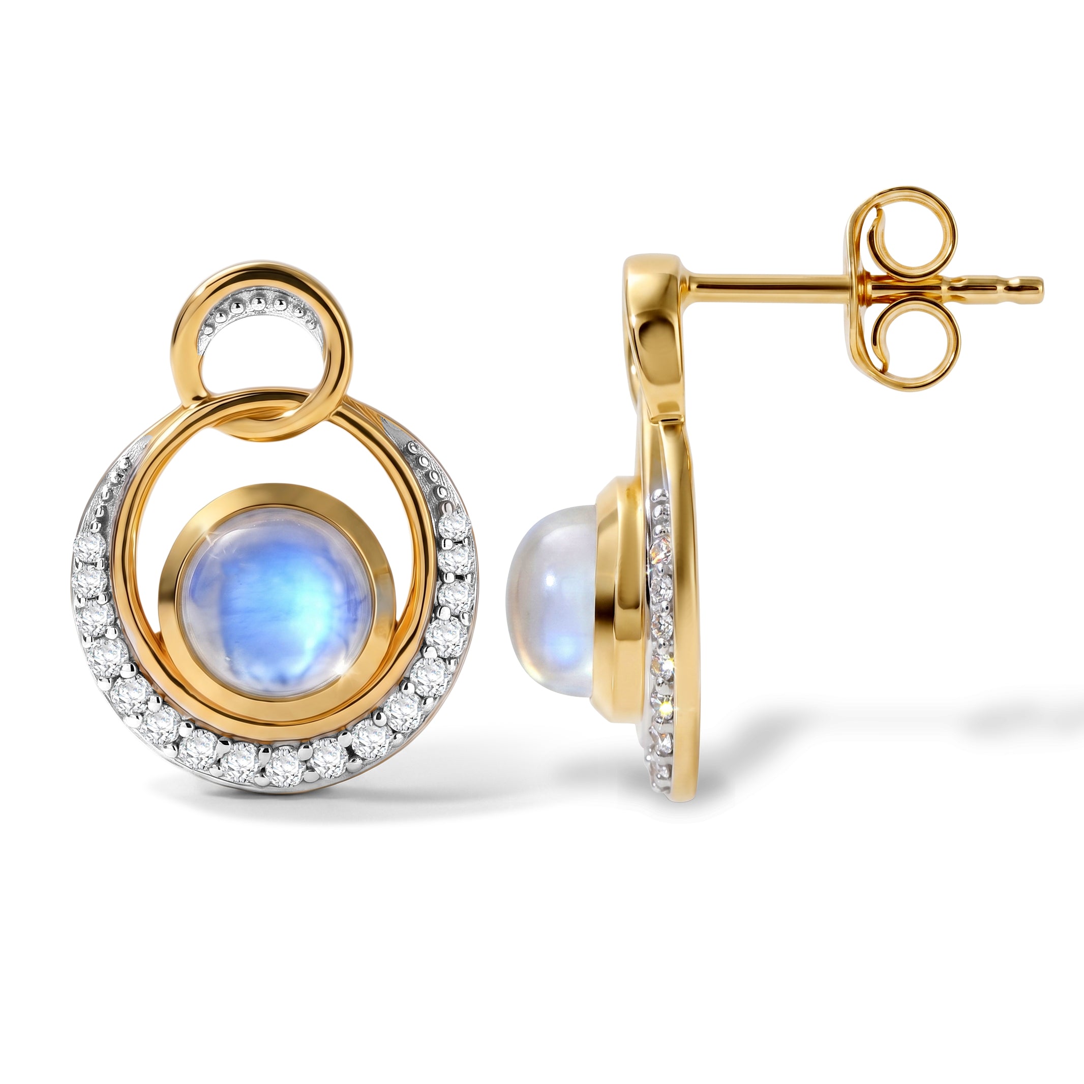 D'Joy Regenbogen Mondstein, Weißer Zirkon Ohrringe 925 Silber 585 Vergoldet ca. 2,44 ct.