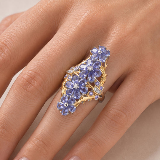 D'Joy Tansanit und Zirkon Ring, 925 Silber rhodiniert und 750 Gelbgold Vermeil - 4,75 ct.