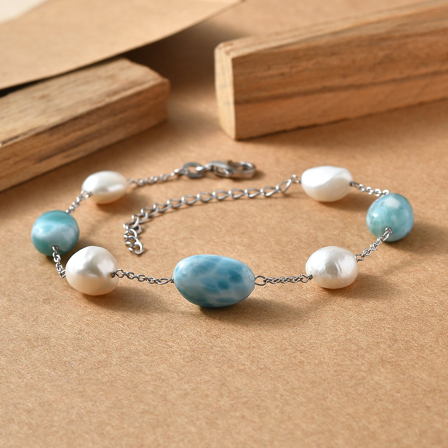 D'Joy Larimar, Süßwasser Perle Armband ca. 19 cm 925 Silber Rhodiniert