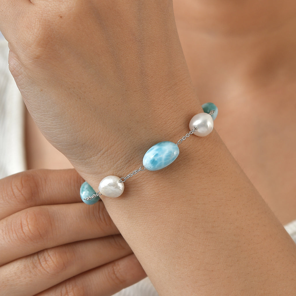 D'Joy Süßwasser Perle, Larimar Armband ca. 19 cm 925 Silber Rhodiniert