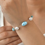 D'Joy Süßwasser Perle, Larimar Armband ca. 19 cm 925 Silber Rhodiniert