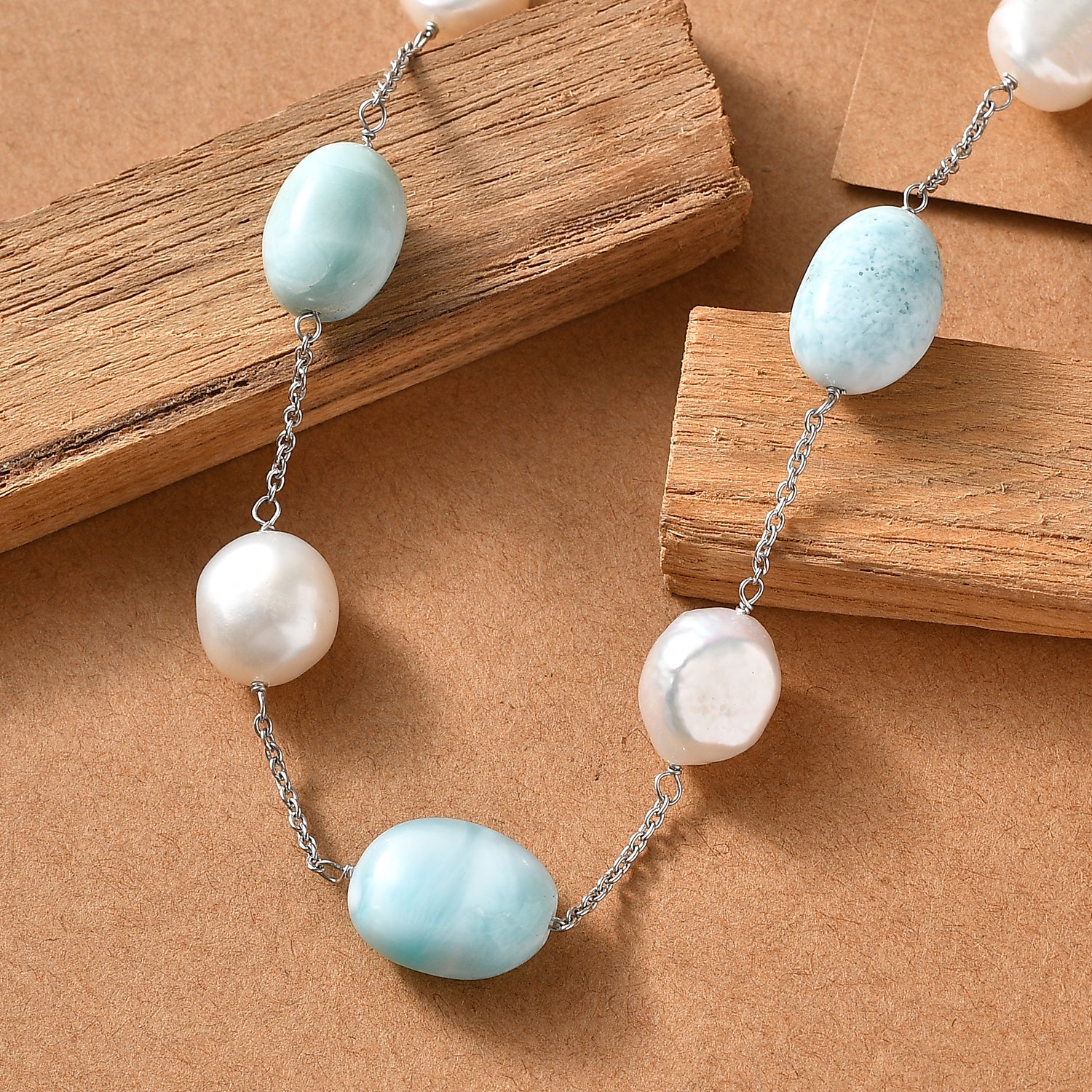 D'Joy Larimar, Süßwasser Perle Halskette ca. 50 cm 925 Silber Rhodiniert