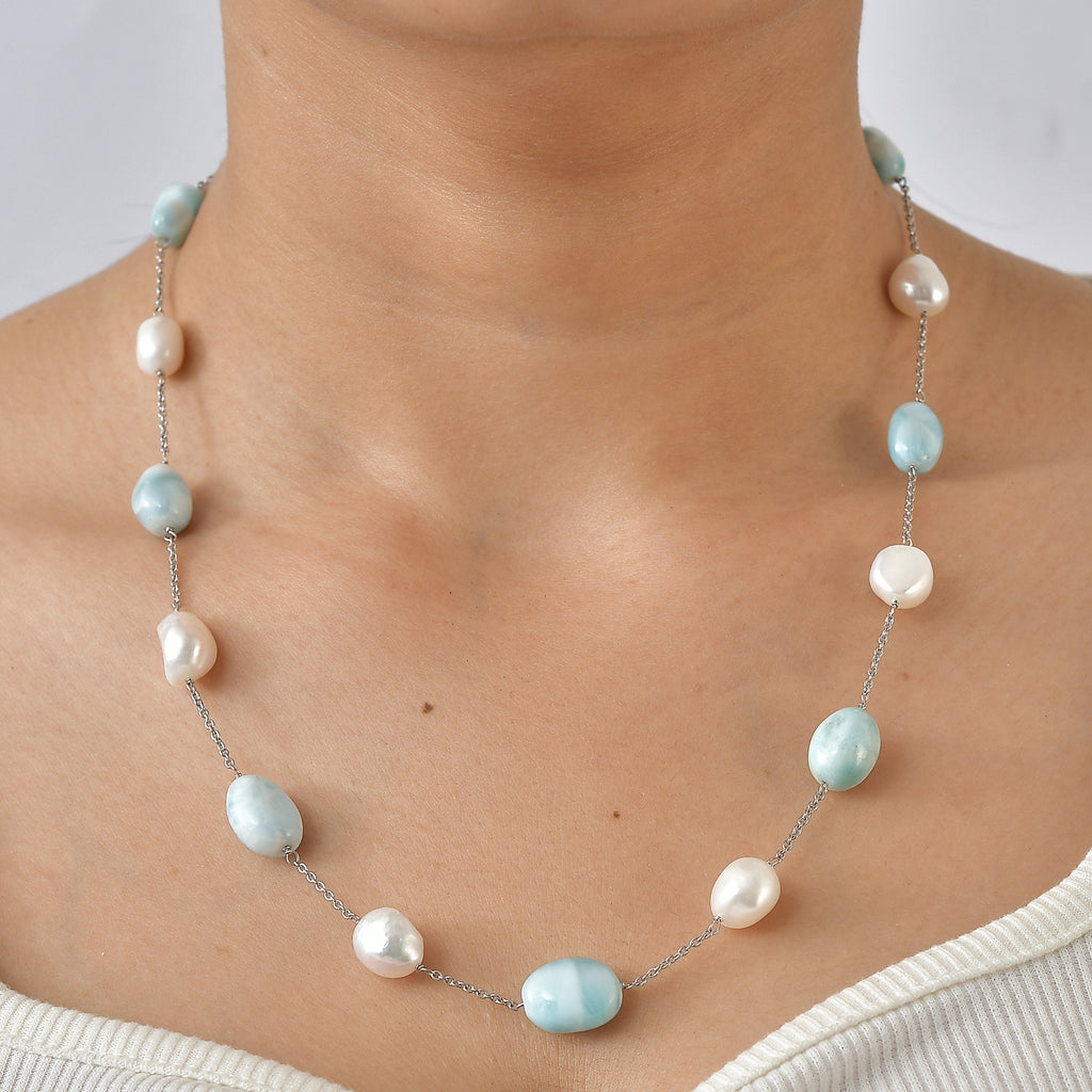 D'Joy Larimar, Süßwasser Perle Halskette ca. 50 cm 925 Silber Rhodiniert