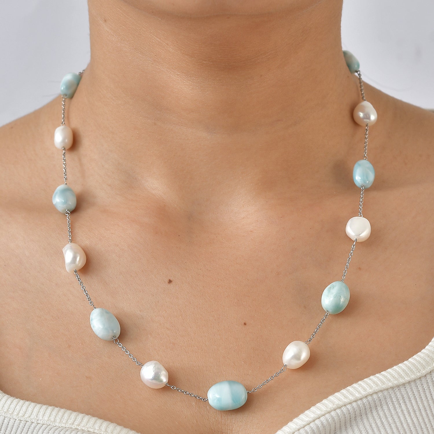 D'Joy Larimar, Süßwasser Perle Halskette ca. 50 cm 925 Silber Rhodiniert